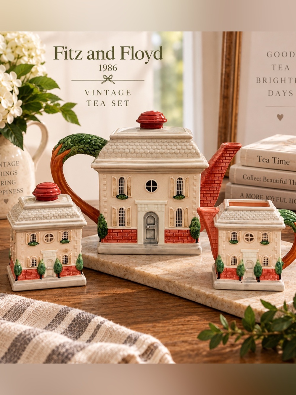 🏠💕VTG 1986 Fitz & Floyd Chateau Ceramic 3 Piece Teapot Complete Set RARE